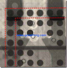 BGA錫球尺寸小于0.4mm，采用降低BGA內(nèi)圍襲球的錫膏量所得到X-Ray，稍微留意一下可以發(fā)現(xiàn)最外圈的錫量(圓的直徑)比其他內(nèi)圍的錫球上的錫量來(lái)得多一點(diǎn)點(diǎn)。也就是外圈的黑色圓形直徑比內(nèi)圈的圓形來(lái)得大一點(diǎn)點(diǎn)。