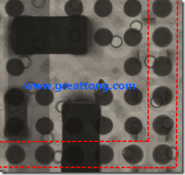 BGA錫球尺寸小于0.4mm，采用降低BGA內(nèi)圍襲球的錫膏量所得到X-Ray，稍微留意一下可以發(fā)現(xiàn)最外圈的錫量(圓的直徑)比其他內(nèi)圍的錫球上的錫量來(lái)得多一點(diǎn)點(diǎn)。也就是外圈的黑色圓形直徑比內(nèi)圈的圓形來(lái)得大一點(diǎn)點(diǎn)。