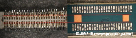 把板對板連接器與其電路板的佈線焊墊作一個(gè)比較，端子的切斷面有毛邊的地方剛好對到了裸銅區(qū)。