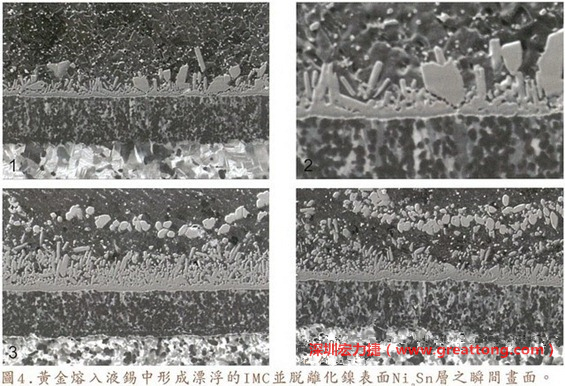 下面四張圖片為放大4500倍的SEM圖像，說明在回流焊爐熱量不足的情況下，黃金成份正要從鎳層分離融入焊錫之中的瞬間，當(dāng)零件遭受外力沖擊的時(shí)候就極有可能從這一整排AuSn、、AuSn2或AuSn4的IMC處裂開。