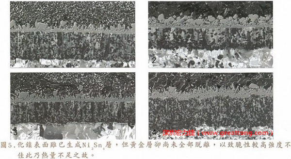 下面四圖顯示，當(dāng)焊接的熱量不足或未持續(xù)時(shí)，雖然Ni3Sn4的薄薄IMC層已經(jīng)生成而焊牢，但也會(huì)因?yàn)锳uSn及AuSn2還未來得及逸走，而停留在共金介面附近，當(dāng)有外力拉扯的時(shí)候，就很容易斷裂開來。這就是為何ENIG的焊點(diǎn)強(qiáng)度，始終不如銅面焊點(diǎn)(Cu6Sn5)來得更為牢固的主因之一。