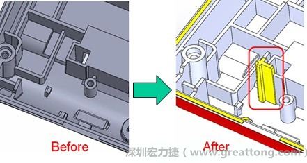 既然知道可能的問題出在電路板變形量過大,于是在電路板上黏貼應力計(Stress Gauge)然后先量測未改善前的應力數(shù)據。改善方法是在BGA的附近新增機溝肋柱(rib)來頂住電路板以降低電路板在落下時的變形量。