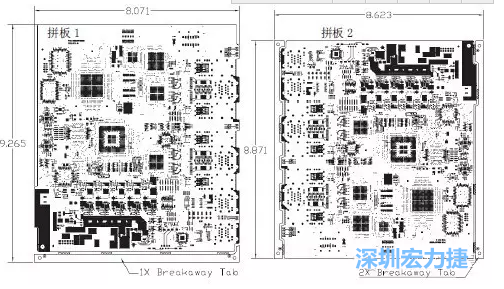 如圖7所示是使用不同數(shù)量邊條的拼板，拼板1僅使用了一個邊條，直接利用PCB另一邊作為SMT工藝傳送邊，并且PCB圖形中有合適的安裝孔；而拼板2則是按常規(guī)設計了兩個邊條。拼板方式為連接筋。圖中“Breakaway Tab”指邊條-深圳宏力捷