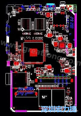 上圖是一個(gè)開(kāi)發(fā)板的PCB，從布局中可以看出各個(gè)接口電路分離很明確，SDRAM和DDR以及SD卡接口電路等走線不會(huì)造成相互的干擾。-深圳宏力捷
