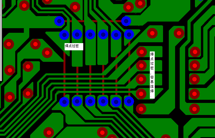 PCB設(shè)計(jì)焊點(diǎn)過密，易造成波峰連焊，焊點(diǎn)間漏電