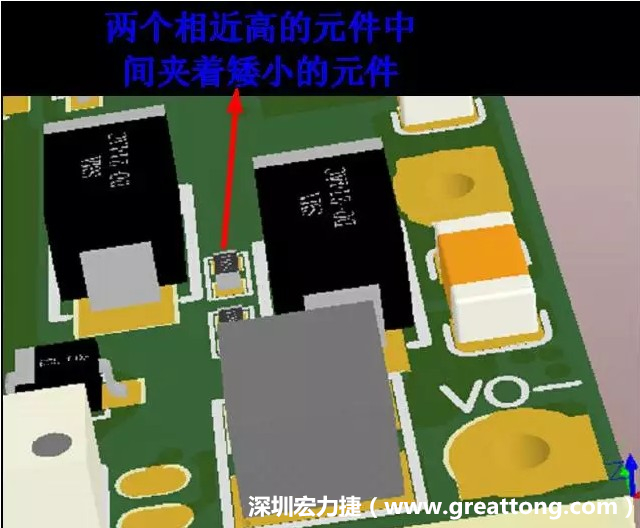 放置器件時要考慮以后的焊接和維修，兩個高度高的元件之間盡量避免放置矮小的元件