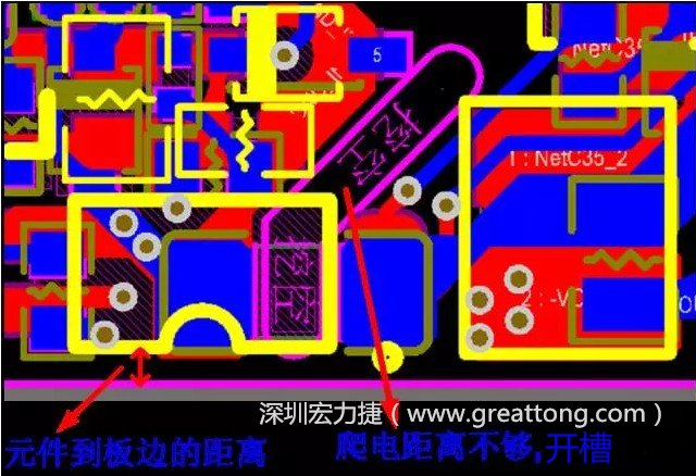 如果碰到模塊PCB空間有限，爬電距離不夠，可以采用開槽的方式