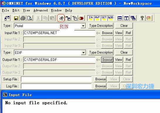 輸出文件類型(Type)選 EDIF。Output File 1 指定輸出文件的文件名和路徑。然后點擊 Run(跑動的小人)。