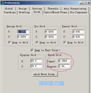  改銅皮的填充網(wǎng)格Global→Design Units，填充方向Drafting→Direction；Hatch Grid中Copper此數(shù)值為大銅箔中所填充的線條中心到中心的距離。