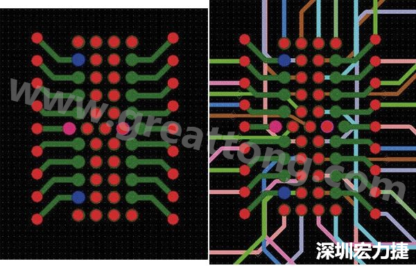 圖7：焊盤內(nèi)過孔用于內(nèi)部，而外部接腳在0.5mm閘格上扇出。圖7a顯示的是頂層(左)；圖7b顯示頂層和內(nèi)部布線層(右)。