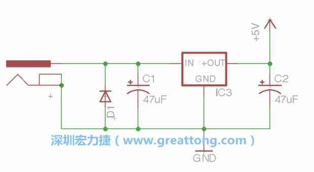 新增RBBB→Power_Jack，將它放在電壓調(diào)整器的輸入端旁邊。