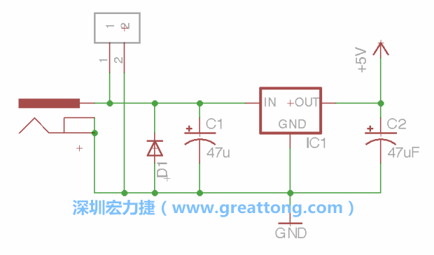 2.5.    新增一個二極體，它會以水平的狀態(tài)出現(xiàn)在屏幕上，請使用「旋轉(zhuǎn)（Rotate）」工具把它負(fù)極那一面朝上，并且用「網(wǎng)絡(luò)連接」工具將它連接在電壓調(diào)整器的輸入端和接地端之間。