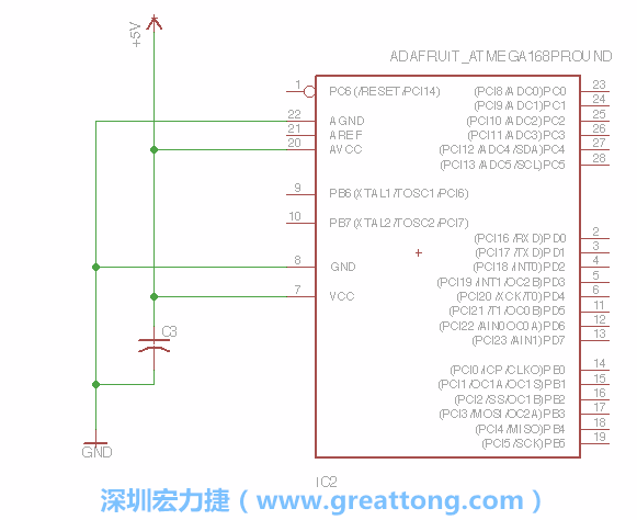 3.1.    新增微控制器晶片（RBBB → ATmega），把它放在電路原理圖的中央附近，把它的兩個接地接頭連接到接地訊號端。