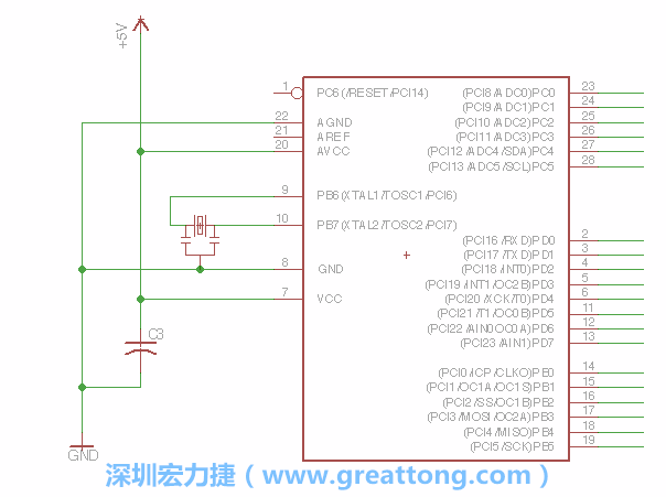 3.2.    在靠近ATmega的電源供應針腳7的位置放置一個0.1μF的電容，將它分別連接電源、接地端和針腳7。