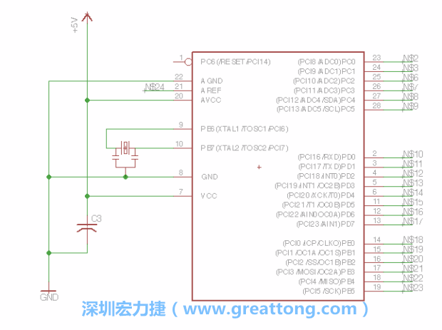 3.3.    將共鳴器（resonator）放置在針腳9和針腳10附近，將它的三個針腳連接如圖所示，并確認最中間的針腳有連到接地端。