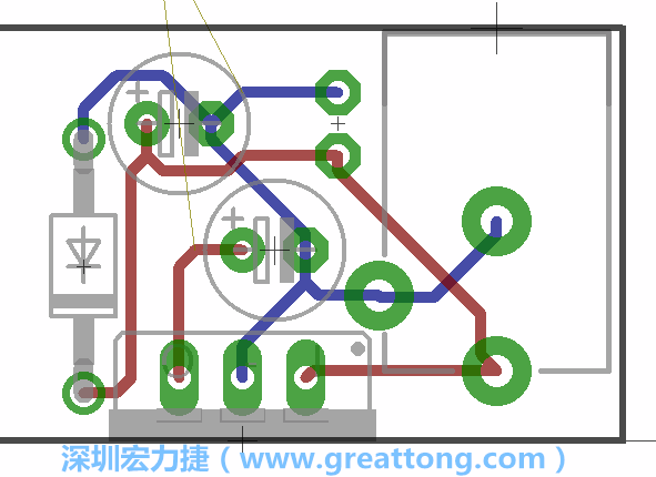 接地連結(jié)點(diǎn)的布線情形如下圖所示，利用這個(gè)練習(xí)來避免電路連線銳角化的產(chǎn)生是一個(gè)不錯(cuò)的選擇，你可以在工具列中的彎曲線路（Wire Bend）選項(xiàng)里改變各種布線的變化。