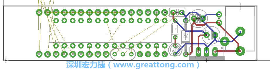 將ATmega微控制器、三個(gè)GPIO排針（JP2, JP3, JP4）和諧振器（resonator）排置如上圖所示。