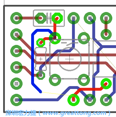 要在電路板正面進(jìn)行+5V信號(hào)線連結(jié)和其他連結(jié)點(diǎn)的布線工作是非常容易的，而重置信號(hào)線（信號(hào)線用來連結(jié)電路板正面左邊的重置開關(guān)）需要經(jīng)過一個(gè)可以通過電路板正反兩面的電路通道，這個(gè)通道是一個(gè)可以讓電路板正反兩面線路連接的一個(gè)小孔。