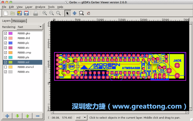 將圖層匯入你的Gerber預(yù)覽工具內(nèi)（下圖為Gerbv），我通常會(huì)從上到下重新排列它們的順序，好讓我比較好校對(duì)：