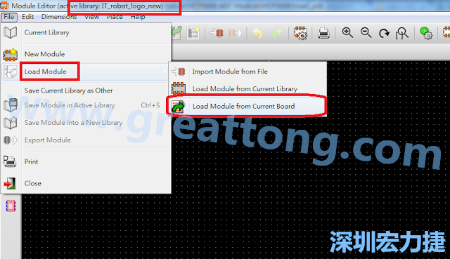進(jìn)入Module Editor去載入其他Footprint(Module)進(jìn)來， 從目前的Active library (不過要先選取一個(gè)Current library ) 載入Module 或從目前正在編輯的PCB載入Module。