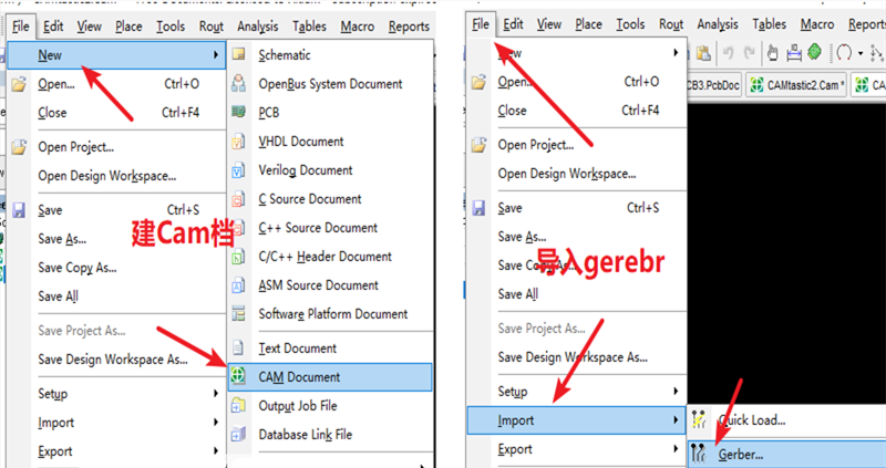 在File下新建 Cam檔，建后再File下導(dǎo)入Gerber文件，選擇所有文件導(dǎo)入gerber。